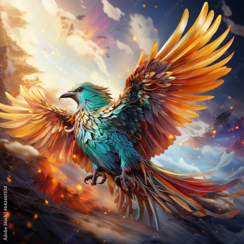 A tiny majestic phoenix soaring in a vast clear sky
A tiny majestic phoenix soaring in a vast clear sky