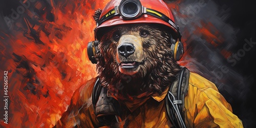 illustration of bear in firefighter suit, realistic painting, generative AI