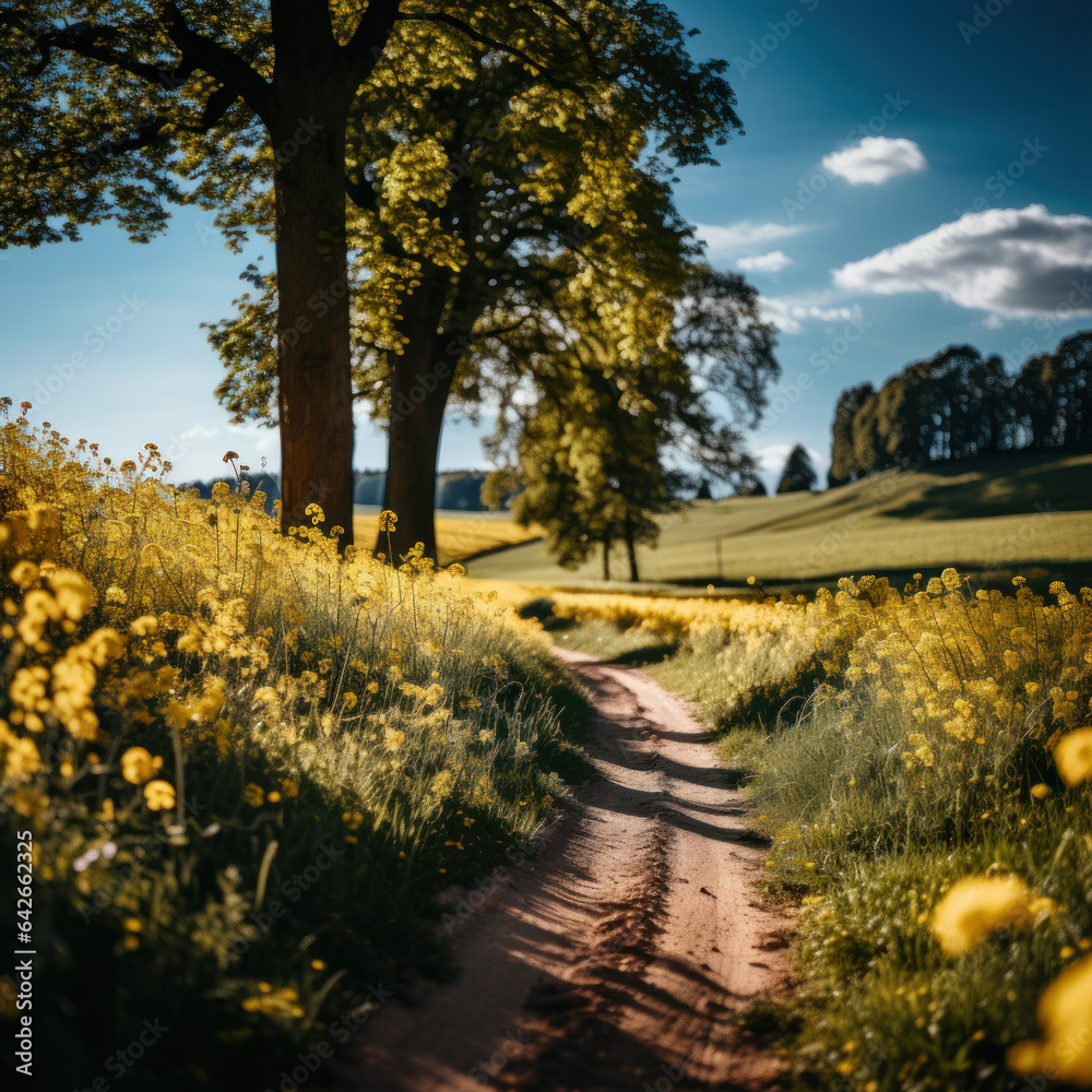  rapeseed field forest in the near ground blue sky
