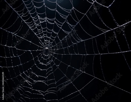 intricate white spider web close up on a black background