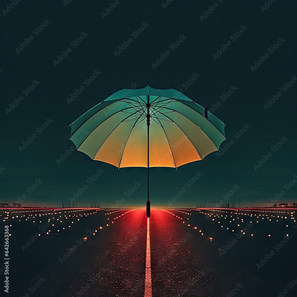 an open umbrella sitting on the side of a road at night, with lights in the dark sky behind it
