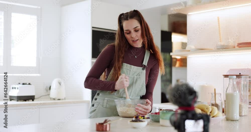 Kitchen video camera, bake and woman talking, influencer live streaming and teaching cooking tutorial, home recipe or stir ingredients. Online production, communication and chef filming media vlog Kitchen video camera, bake and woman talking, influencer live streaming and teaching cooking tutorial, home recipe or stir ingredients. Online production, communication and chef filming media vlog