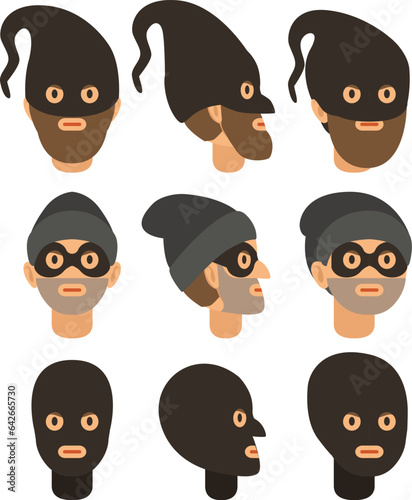 Criminal man face set. Thiefs and robbers
