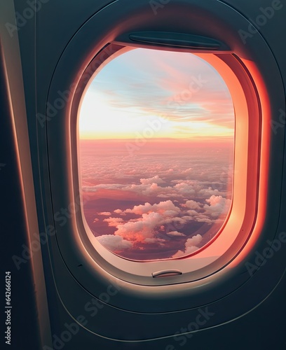 an airplane window with the sun setting in the sky and clouds seen through the plane's portholes