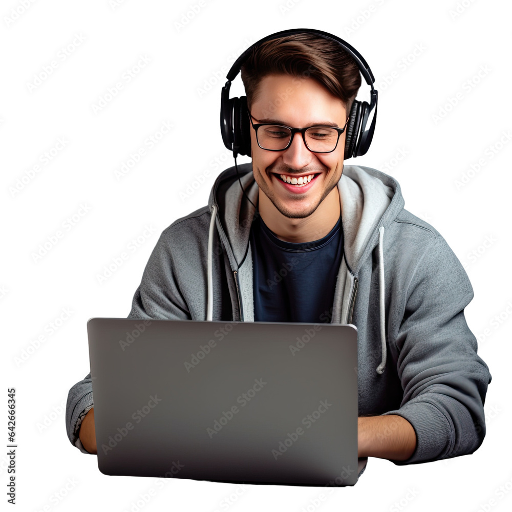 A youth wearing headphones and using a laptop for online learning against a transparent background A youth wearing headphones and using a laptop for online learning against a transparent background