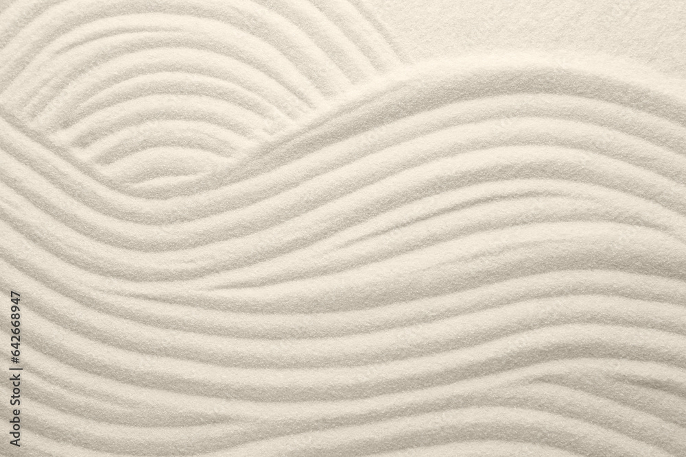 White sand with pattern as background, top view. Concept of zen and harmony - obrazy, fototapety, plakaty 