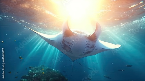 a manta ray swimming in the ocean with sunlight shining through it's back and its head above water