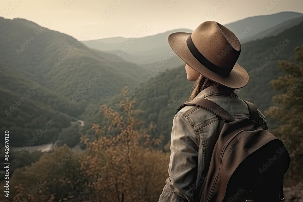 a person wearing a hat looking out at the mountains and trees in the distance, with a backpack on their back
