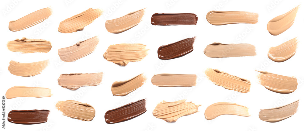 Set of foundation samples in different tones on white background