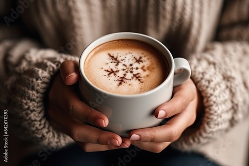 a woman holding a cup of hot chocolate latte in her hands, with cinnamon spies on the top