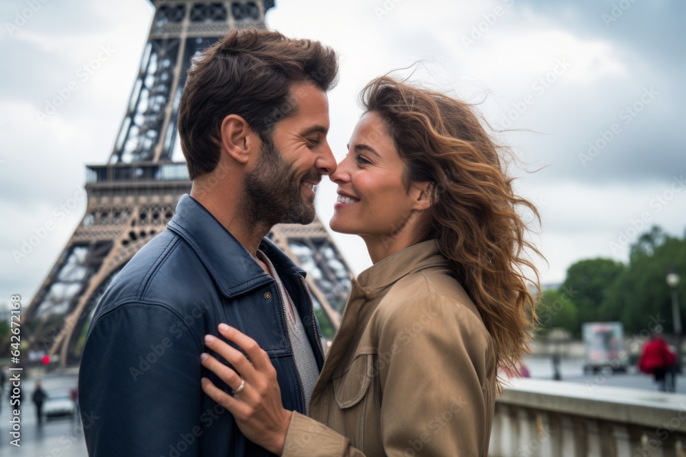 Couple in their 30s smiling at the Eiffel Tower in Paris France Couple in their 30s smiling at the Eiffel Tower in Paris France