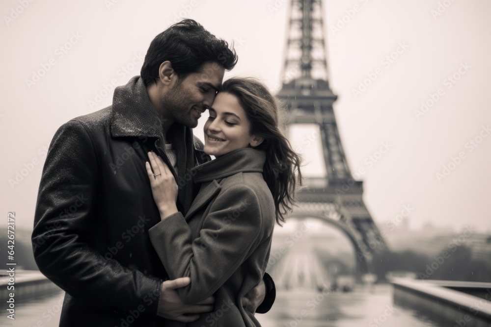 Couple in their 30s at the Eiffel Tower in Paris France