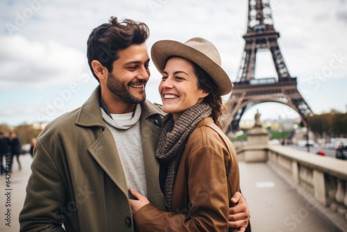 happy couple in hats hugging and looking at each other near eiffel tower