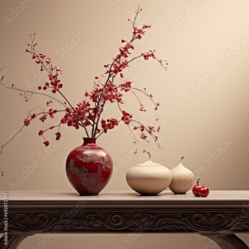 two vases with red flowers in them on a table next to a white vase and an apple sitting on it