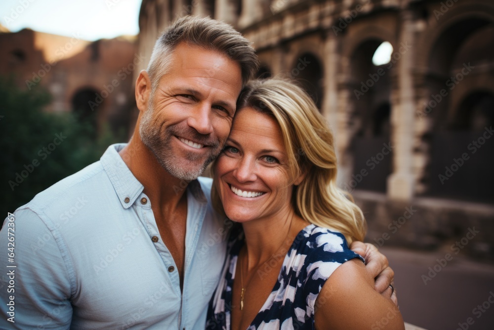 Couple in their 40s smiling at the Colosseum in Rome Italy Couple in their 40s smiling at the Colosseum in Rome Italy