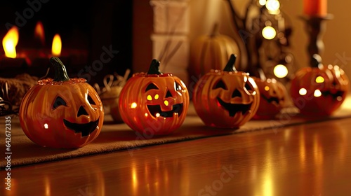 halloween pumpkins lined up on a table in front of a fireplace with candles burning behind them to the right side