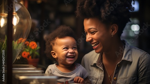 A happy laughing toddler with mom. Generative AI. 