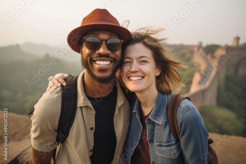 Couple in their 30s smiling at the Great Wall of China in Beijing China