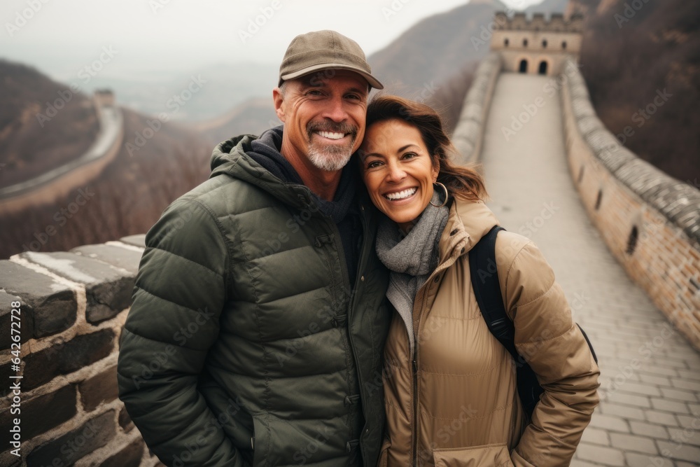 Couple in their 40s smiling at the Great Wall of China in Beijing China Couple in their 40s smiling at the Great Wall of China in Beijing China