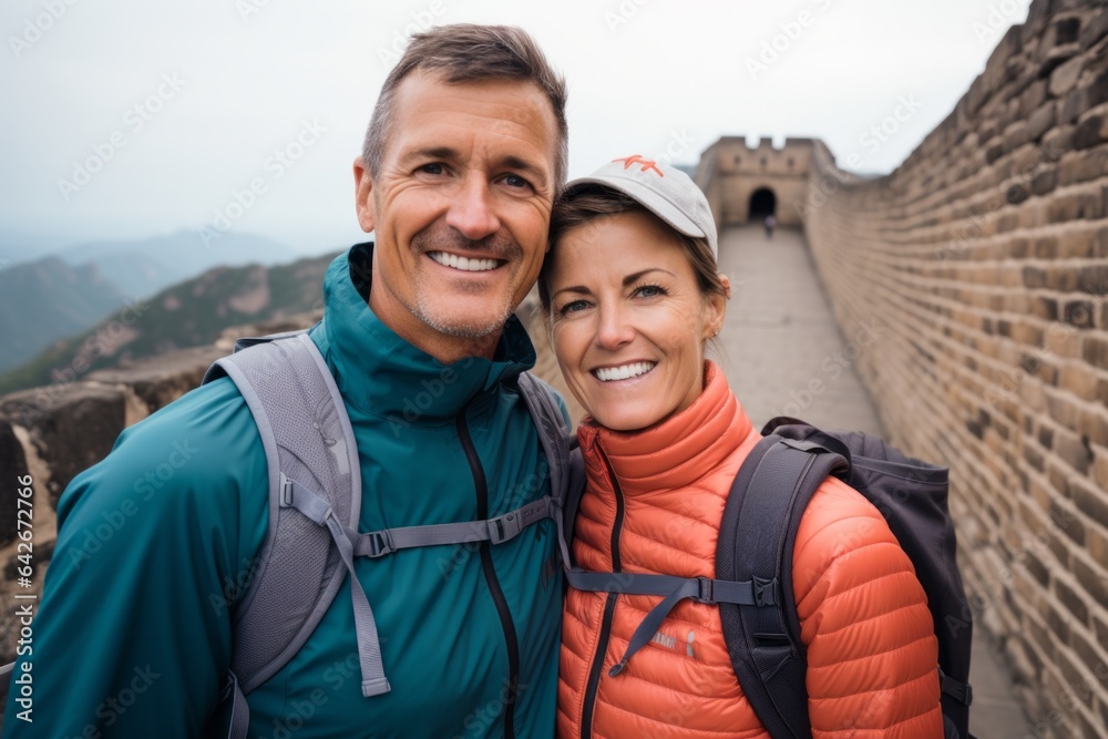 Couple in their 40s smiling at the Great Wall of China in Beijing China