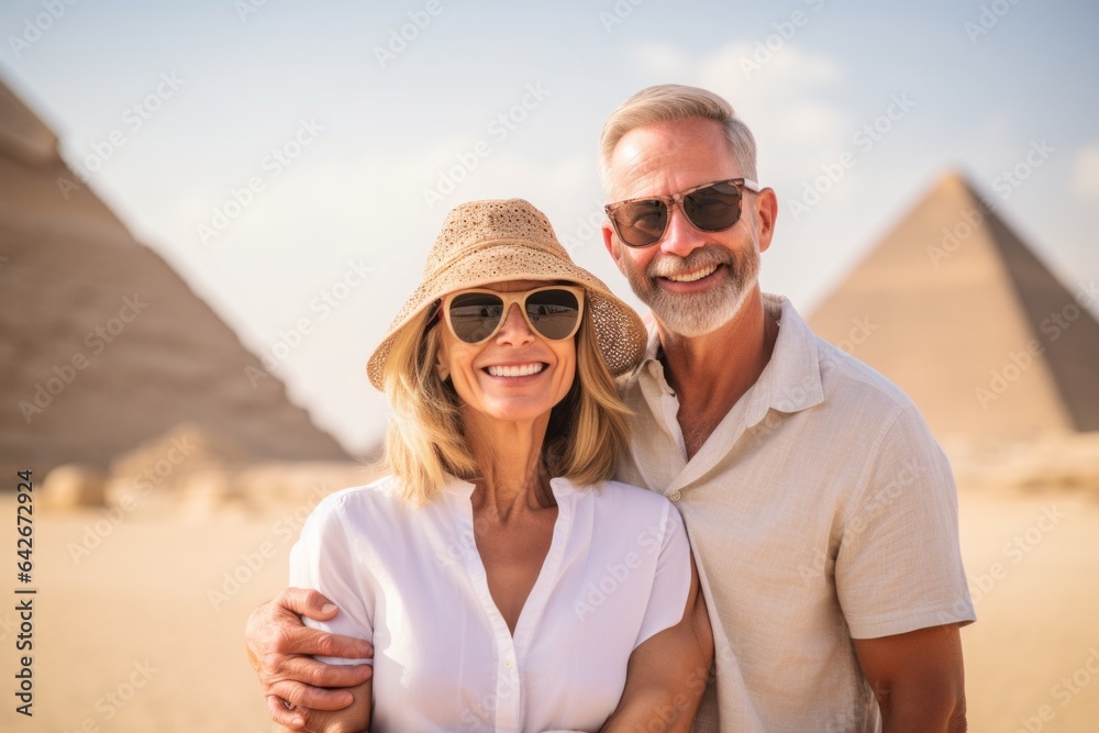 Couple in their 40s in front of the Pyramids of Giza in Cairo Egypt