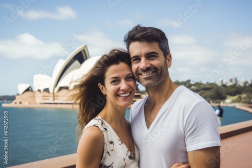 Couple in their 30s smiling at the Sydney Opera House in Sydney Australia