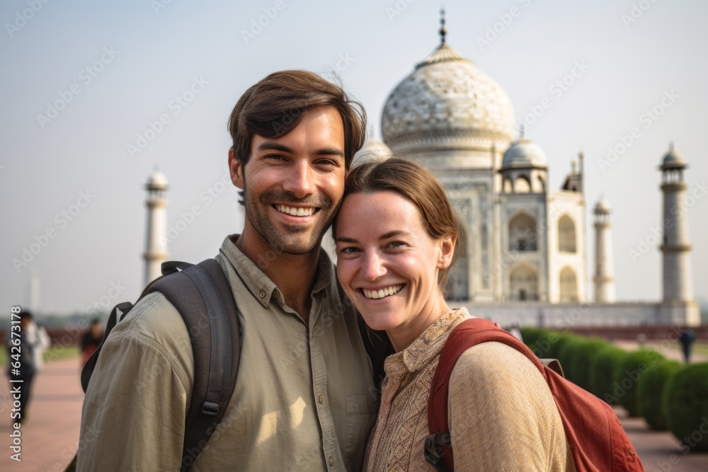 Couple in their 30s smiling in front of the Taj Mahal in Agra India