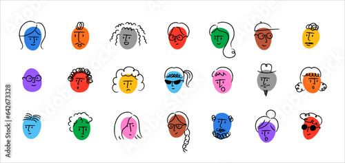 Abstract Comic Face set. Different Emotion. Diverse men, women face. Different age, race. Various colorful character. Crayon drawing style. Flat design emoticon. Hand drawn trendy Vector illustration.