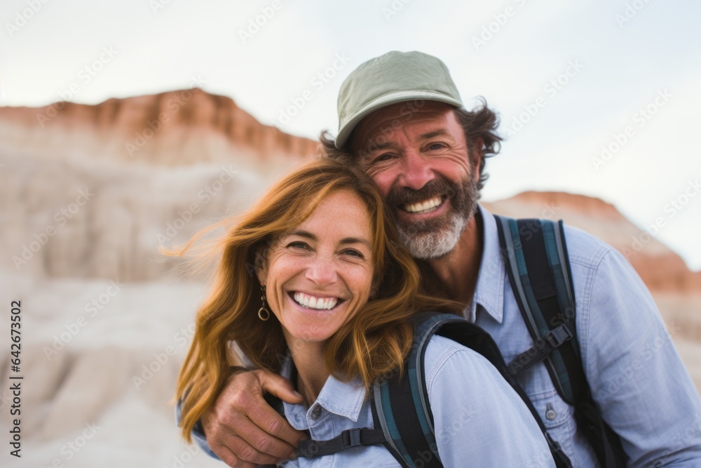 Couple in their 40s smiling at the Pamukkale in Denizli Turkey