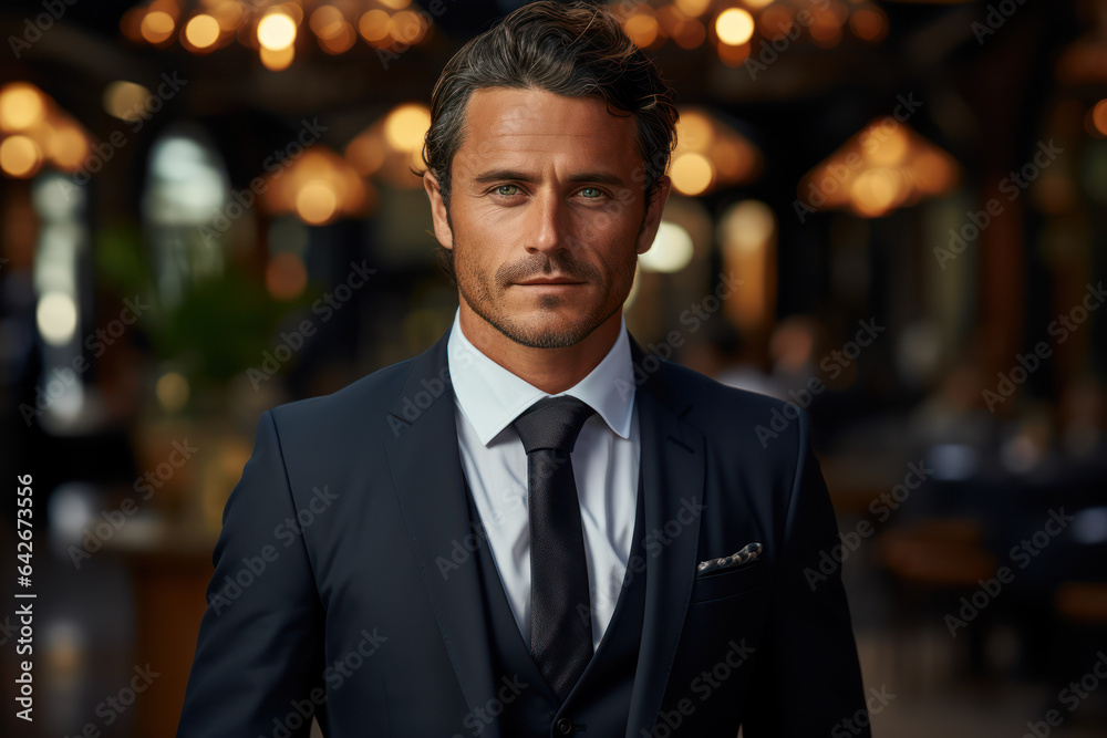 A handsome businessman in formal wear, smiling and looking at the camera with confidence. Generative Ai. A handsome businessman in formal wear, smiling and looking at the camera with confidence. Generative Ai.