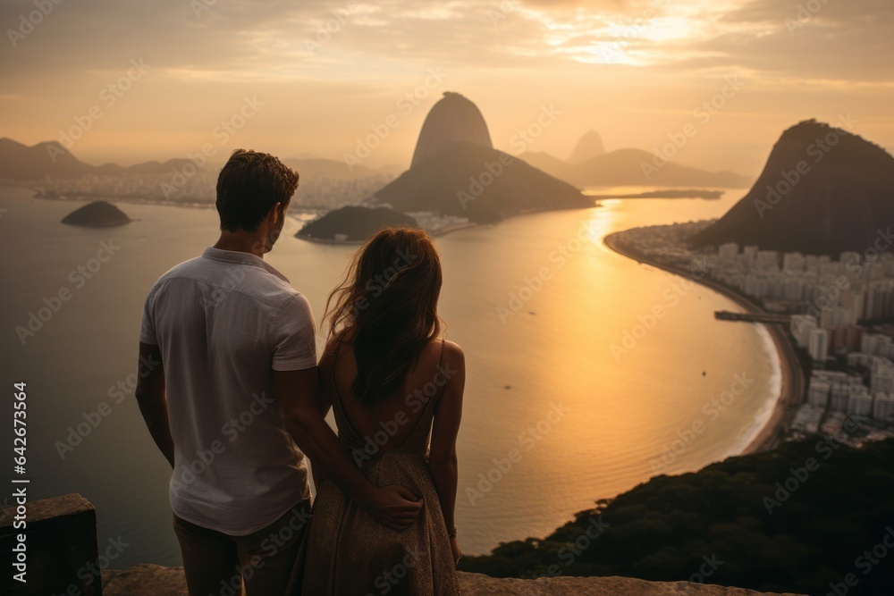 Couple in their 30s near the Christ the Redeemer in Rio de Janeiro Brazil