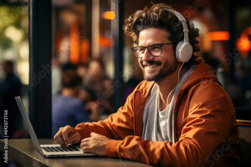 A happy, trendy young businessman in smart casual attire sitting in a cafe with headphones and working on a laptop. Generative Ai.