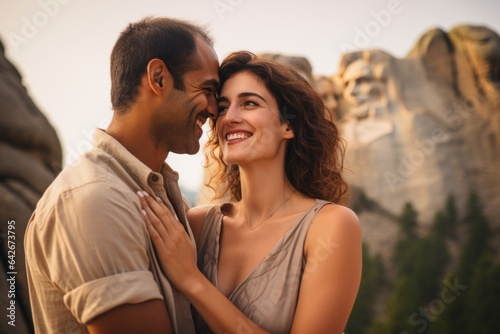 Couple in their 30s smiling at the Mount Rushmore in South Dakota USA
