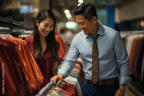 An Asian woman showing shirts to a male client in a mall store, searching for discount merchandise in a shopping center. Generative Ai.