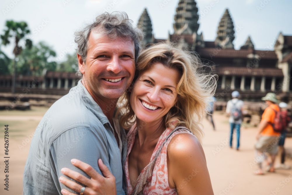 Couple in their 40s smiling at the Angkor Wat in Siem Reap Cambodia