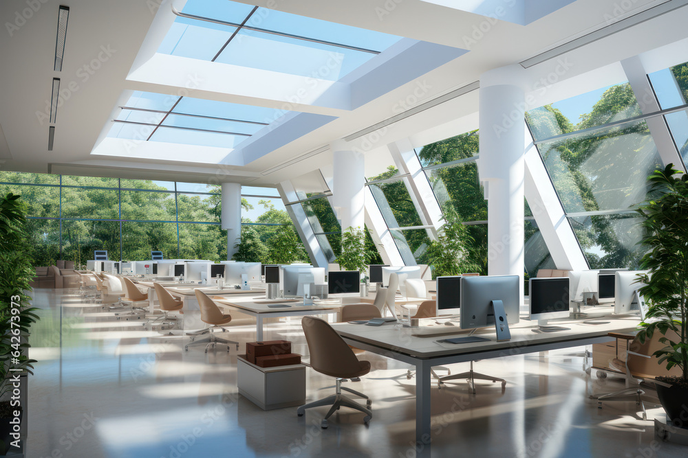 A white open-space office interior with a blank wall, providing a clean and contemporary workspace. Generative Ai. A white open-space office interior with a blank wall, providing a clean and contemporary workspace. Generative Ai.