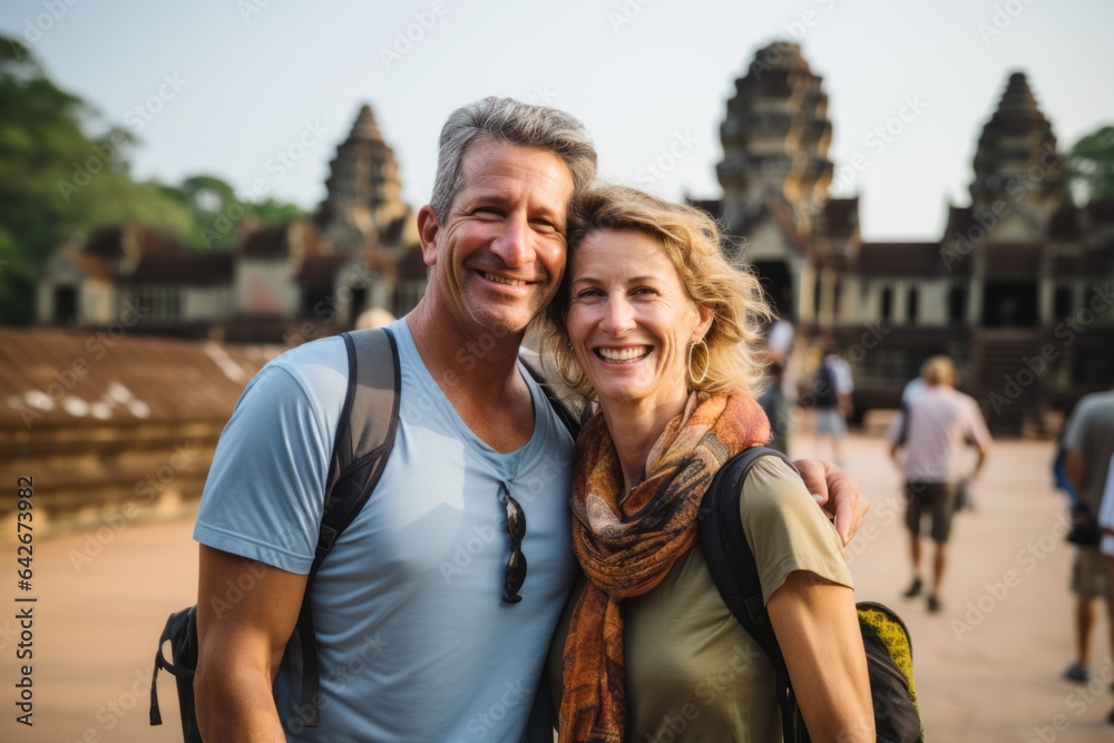 Naklejka premium Couple in their 40s smiling at the Angkor Wat in Siem Reap Cambodia