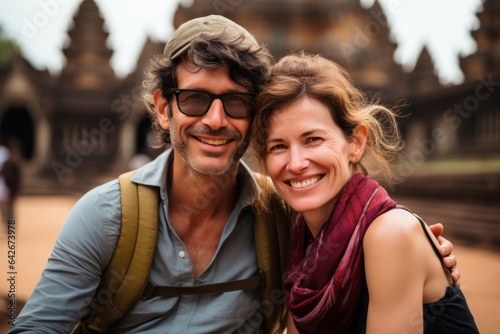 Couple in their 40s smiling at the Angkor Wat in Siem Reap Cambodia