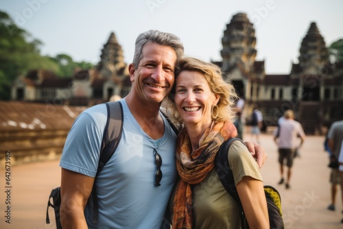 Couple in their 40s smiling at the Angkor Wat in Siem Reap Cambodia