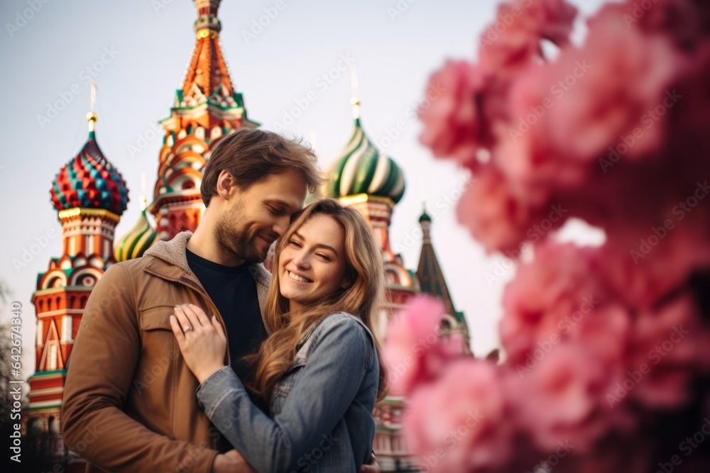 Couple in their 30s in front of the Saint Basil’s Cathedral in Moscow Russia