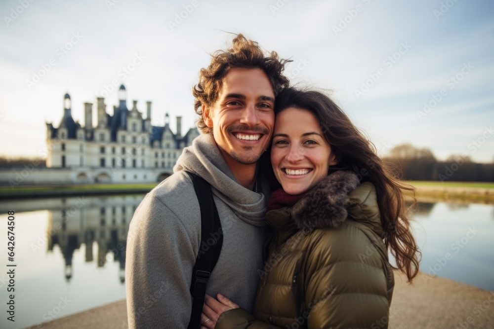 Couple in their 30s smiling at the Château de Chambord in Loir-et-Cher France Couple in their 30s smiling at the Château de Chambord in Loir-et-Cher France