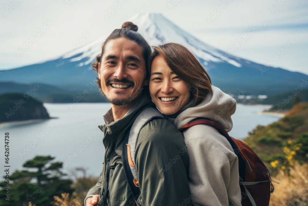 Couple in their 30s smiling near the Mount Fuji in Honshu Island Japan