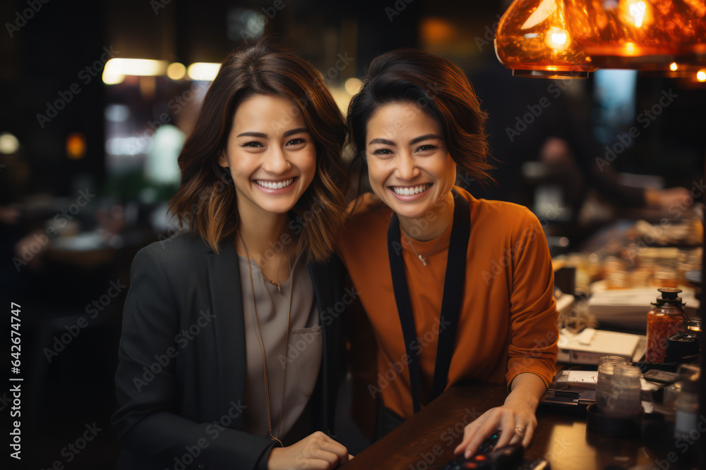 A female Asian translator working with a smiling businesswoman, facilitating communication and understanding. Generative Ai.