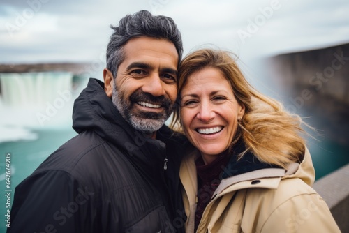 Couple in their 40s smiling at the Niagara Falls in Ontario Canada