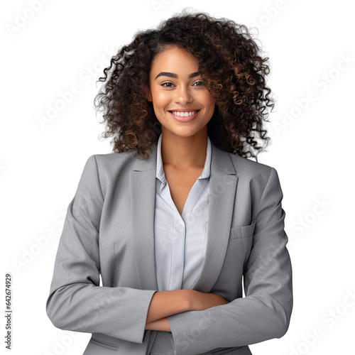 African American businesswoman in grey suit with white shirt posing isolated on transparent background Career success concept Mock up Looking to the side