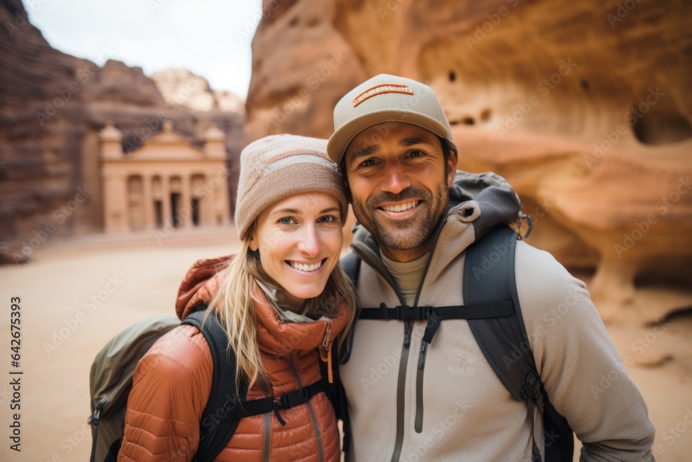 Couple in their 30s smiling at the Petra in Maan Jordan