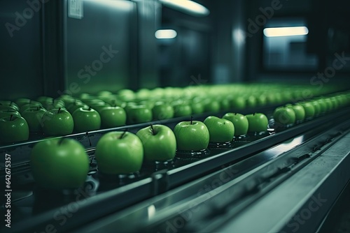 green apples on a convey in an apple processing facility, taken from the side to the top right and bottom left