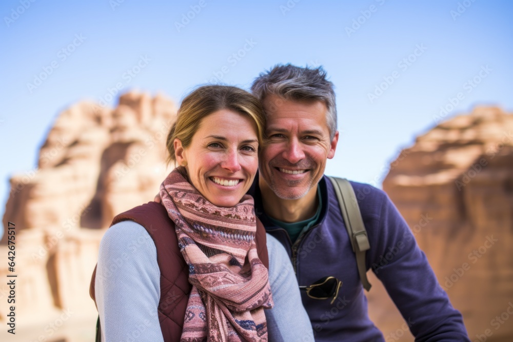 Couple in their 40s smiling at the Petra in Maan Jordan