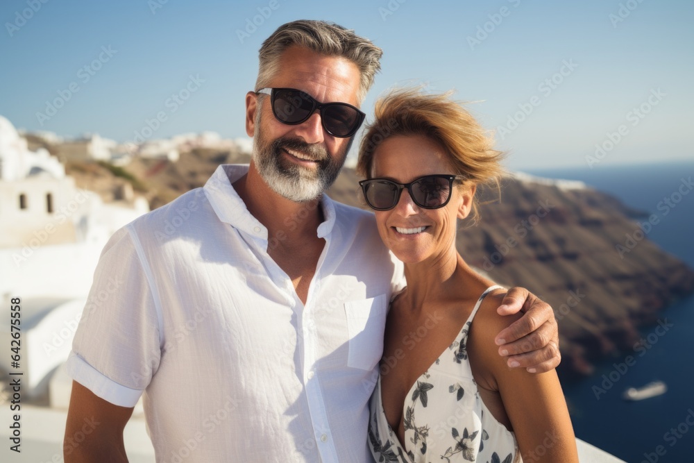 Couple in their 40s at the Santorini Island in Cyclades Greece Couple in their 40s at the Santorini Island in Cyclades Greece