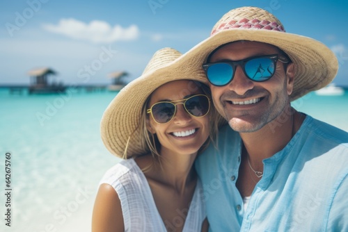 Couple in their 40s smiling at the Maldives Islands in Maldives